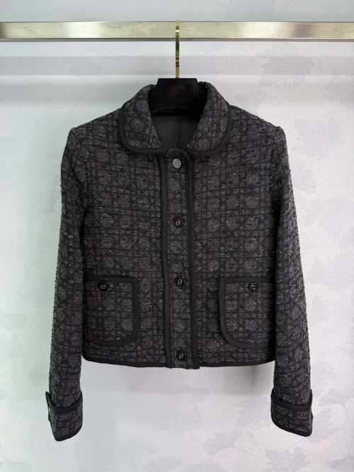 Dior Customized Vine Check Jacquard Collared Coat with Pearl Buttons