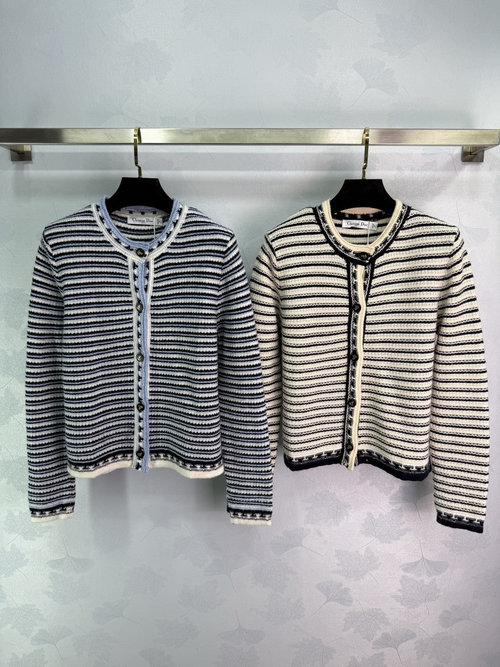 Dior Two-Color Striped Knit Round-Neck Cardigan, Simple and Elegant