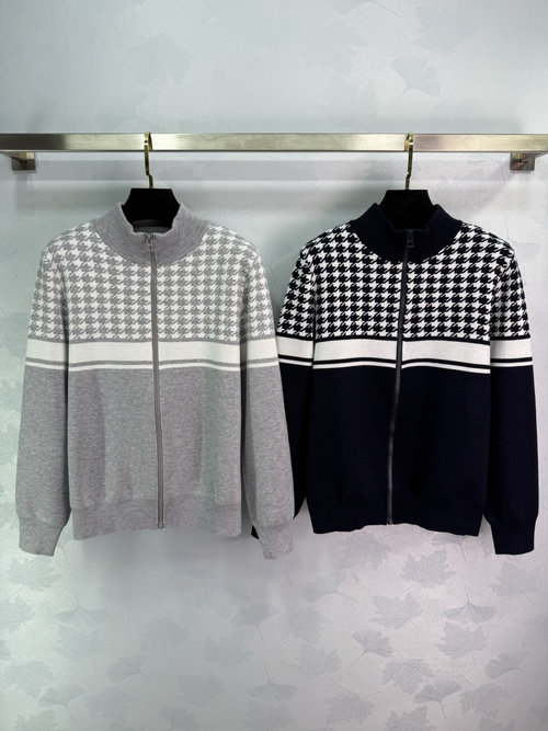 Dior Classic Houndstooth Coat with White Stripes and Stand Collar