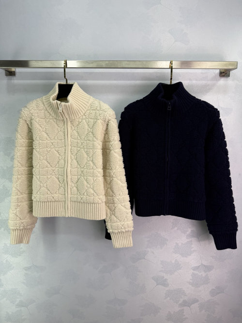 Dior Diamond Pattern Zip-Up Jacket, Premium Wool, Luxurious and Warm