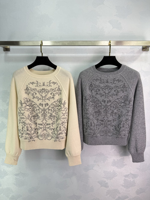 Dior Enchanting Secret Garden Embroidered Sweater with Floral Motif and Round Neckline
