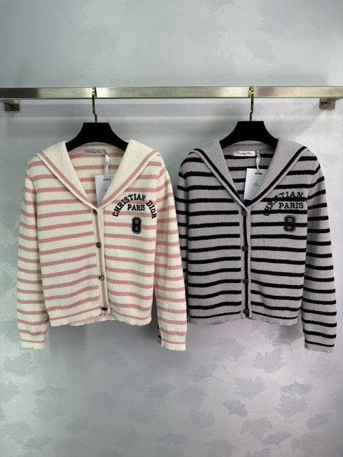 Dior Black and White Striped Naval Collar Cardigan with Logo