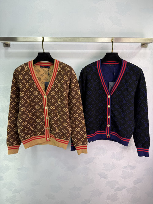 Louis Vuitton Classic Monogram Knit Cardigan with Red and Blue Stripe Edging