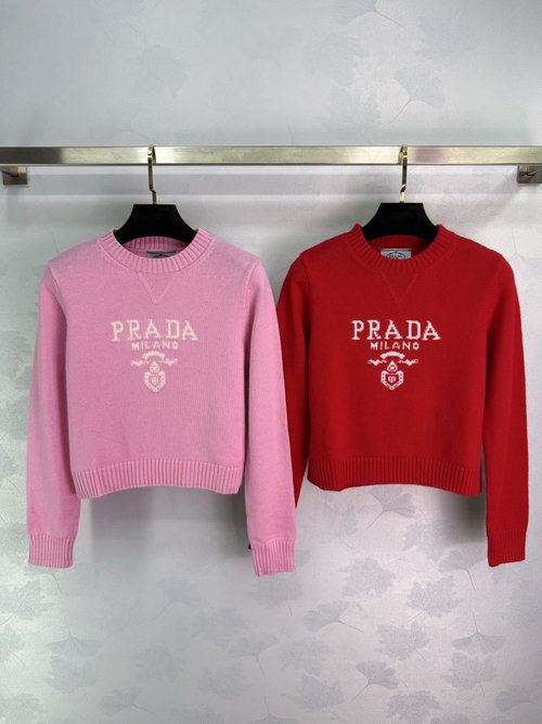 Prada Classic Logo Embellished Round Neck Pullover Knit Sweater