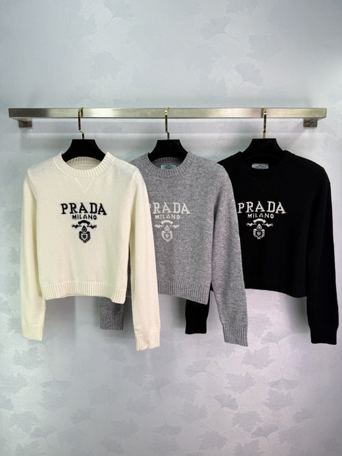 Prada Classic Logo Embellished Round Neck Pullover Knit Sweater