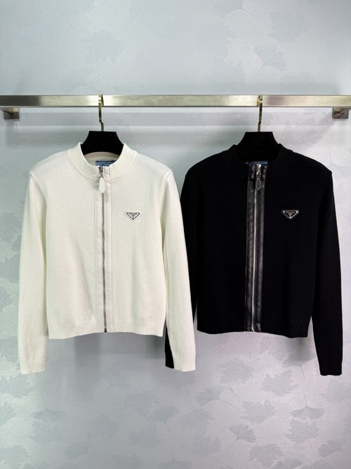Prada Simple and Elegant Zip-Up Knit Cardigan with Metal Logo