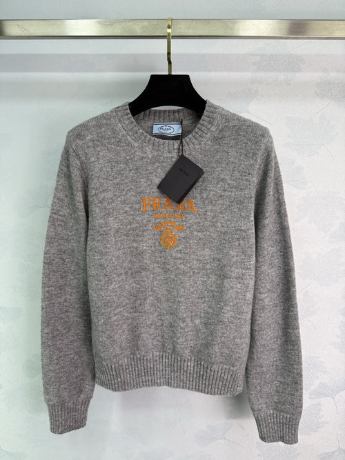 Prada Round Neck Knit Pullover with Color Block Embroidered Logo