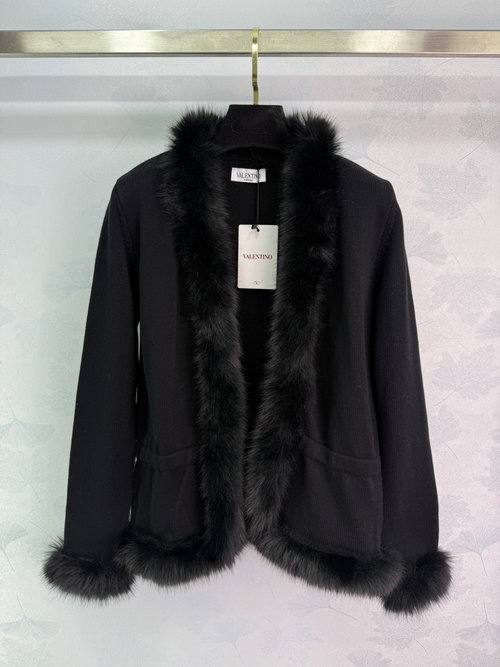 Valentino Wool Collar Knit Cardigan with Fluffy Fur Trim, Light and Fashionable