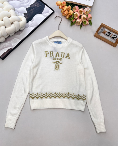 Prada Golden Thread Embroidered Logo Short Wool Knit Top, Sweet and Chic