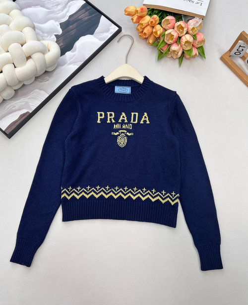 Prada Golden Thread Embroidered Logo Short Wool Knit Top, Sweet and Chic