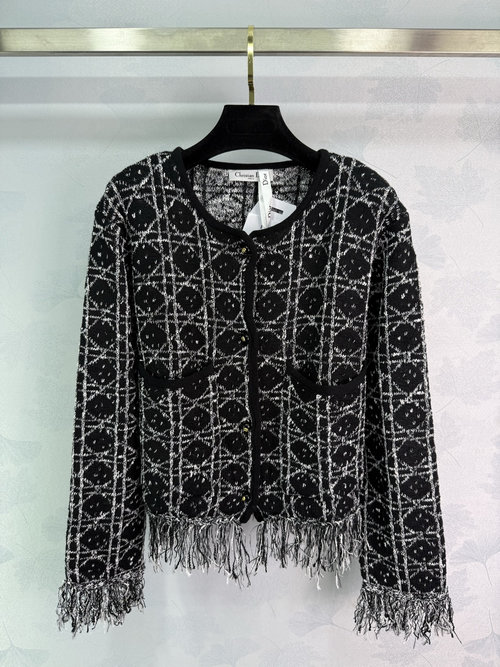 Dior Classic Checkered Knit Coat with Tassels and CD Buttons, Distinguished Appearance