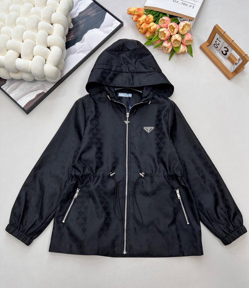 Prada Regenerated Nylon Waist-Trimmed Jacket with Geometric Patterns