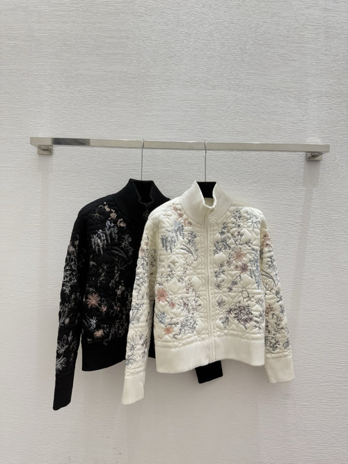Dior Floral Embroidery High-Neck Knit Long-Sleeve Cardigan in Black and White