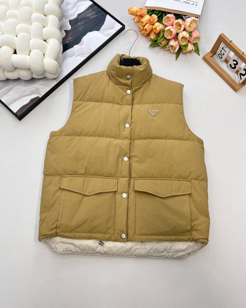Prada Triangular Logo Down Vest, Khaki, Versatile for Any Outfit