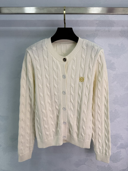 Loewe Cable-Knit Cardigan with Gold Logo Embroidery, Refined and Relaxed