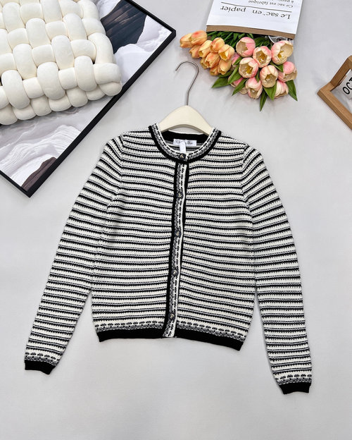 Dior Stripe Color-blocked Knitted Round Neck Open Cardigan