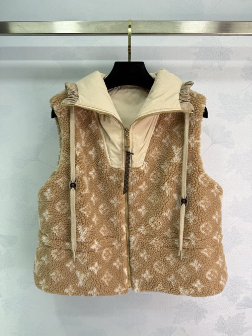 Louis Vuitton Cozy Teddy Bear Hooded Zip-Up Jacket with Monogram Pattern Faux Fur