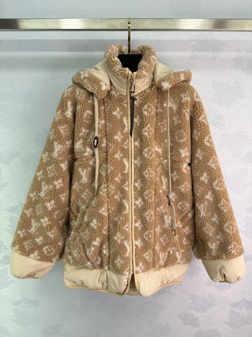 Louis Vuitton Teddy Bear Hooded Zip Jacket with Monogram Pattern, Cozy and Oversized