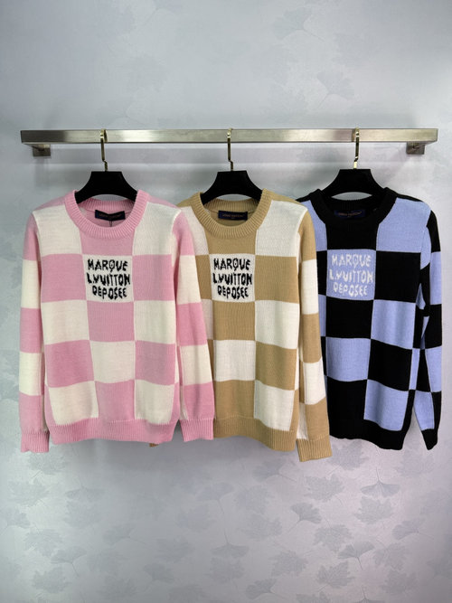 Louis Vuitton Cozy 100% Wool Checkered Sweater with Letter Embroidery