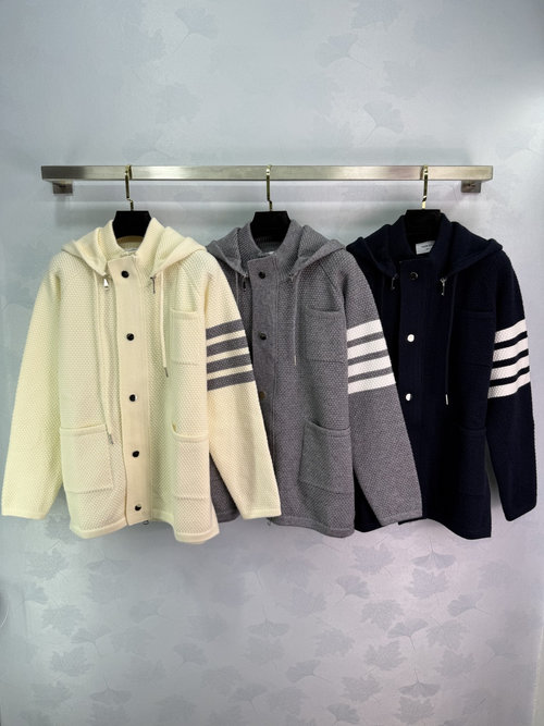 Thom Browne Hooded Knit Cardigan with Four-Bar Design, Practical and Cozy
