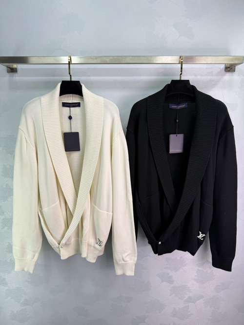 Louis Vuitton V-Neck Wool Cardigan with Pearl Buttons and Logo Ornament