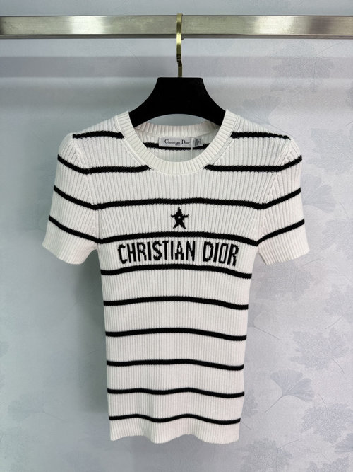 Dior Classic Black and White Striped Short Sleeve Knit Top with Logo
