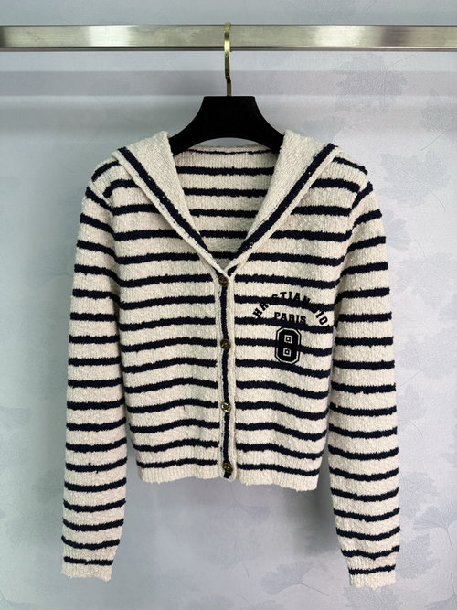Dior Striped Knit Cardigan with Shawl Collar and Gold Button Accents