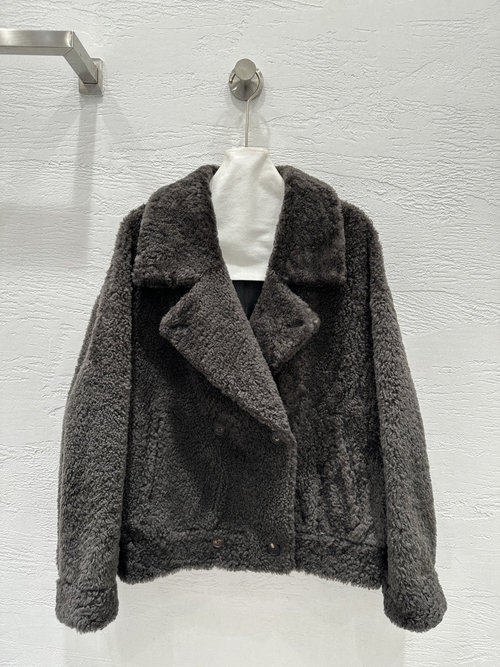 Brunello Cucinelli Exclusive First-Release Double-Breasted Fur-Lined Short Jacket with Lapel