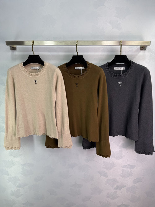 Dior Bee Embroidery Knitted Shirt with Ruffled Collar and Wavy Hem