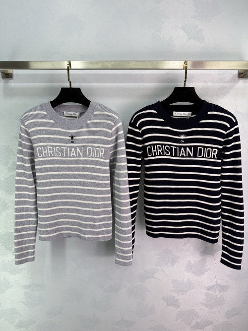 Dior Striped Knitted Long-Sleeve Shirt with Letter Logo Embroidery