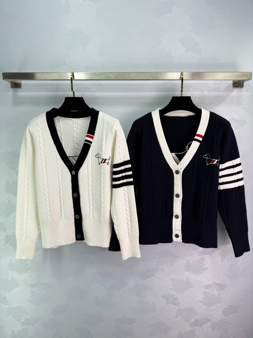 Thom Browne College-Style Dog Embroidery Knitted Cardigan with V-Neck and Stripes