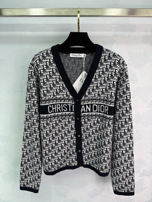 Dior Classic Old Flower Knitted V-Neck Cardigan with Striped Letter Decoration