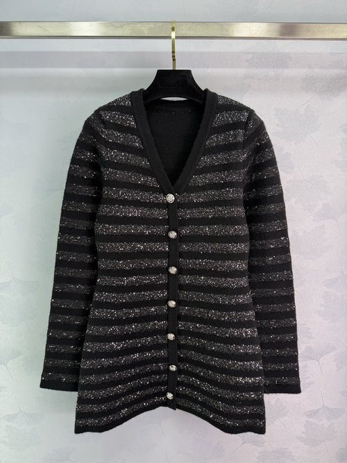 Balmain Black Striped Sequin Knit Cardigan with Metal Buttons