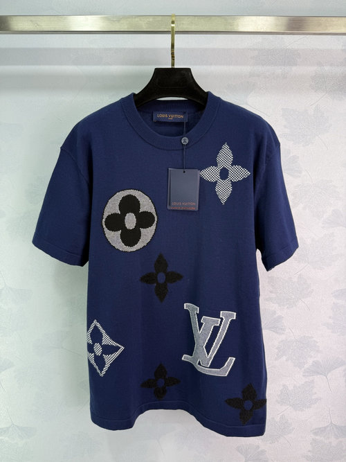 Louis Vuitton Deep Blue Knitted Short-Sleeve Shirt with Classic Clover and LV Print