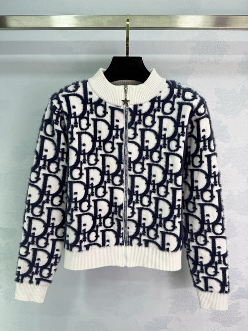 Dior Black and White Letter Jacquard Cardigan with Star Zipper Design