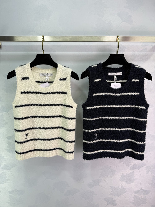 Dior Round-Neck Knitted Striped Sleeveless Vest with Bee Embroidered Insignia