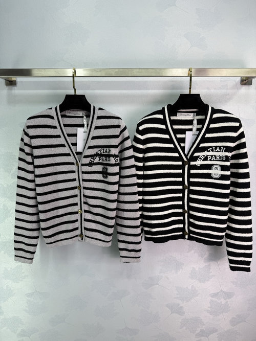 Dior V-Neck Striped Knit Cardigan with Gold Buttons, Wool Texture