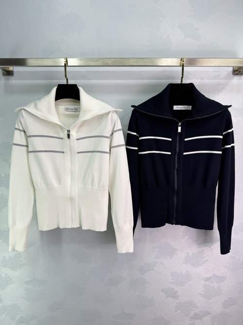 Dior Sophisticated Navy Collar Zip Wool Coat with Subtle Letter Jacquard