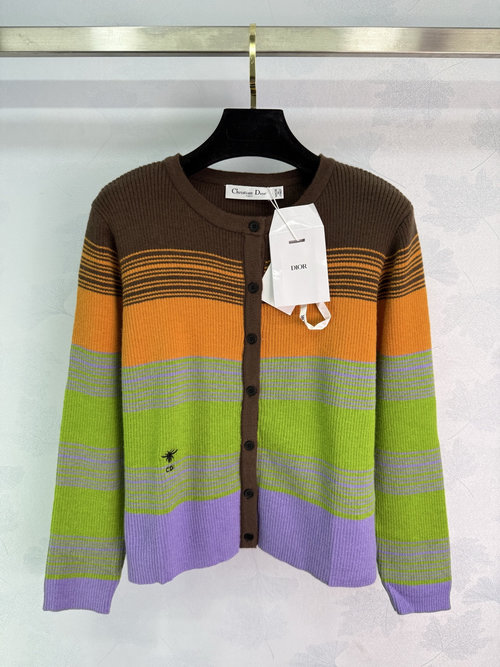 Dior Colorful Knit Cardigan with Bee Embroidery and Contrasting Stripes