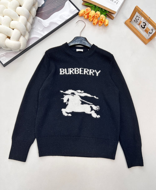Burberry Round Neck Wool Sweater with Horse Logo and Letter Emblem, Timeless Design
