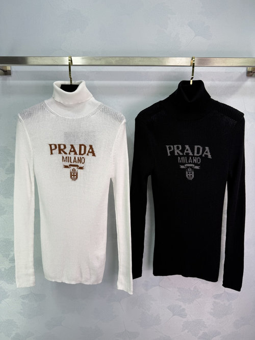 Prada High-Neck Long-Sleeved Knit Top with Letter Logo, Comfortable and Sophisticated