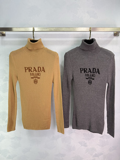 Prada High-Neck Long-Sleeved Knit Top with Letter Logo, Comfortable and Stylish