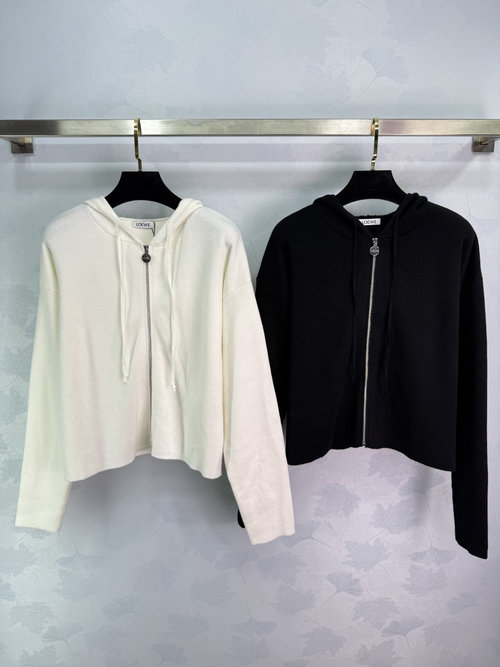 Loewe Hooded Knit Cardigan with Drawstring, Letter Logo Zipper and Back 3D Embroidery