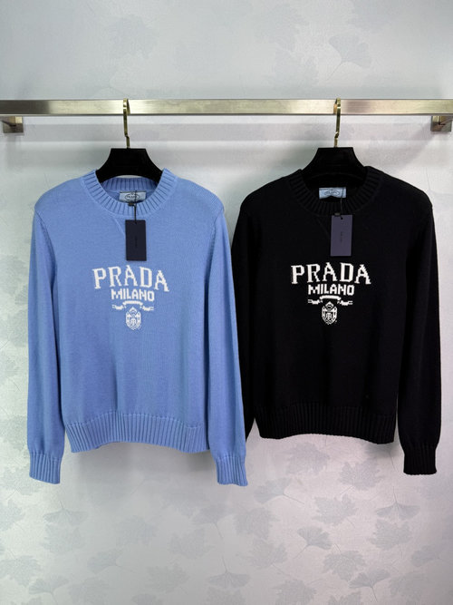 Prada Intarsia Crew Neck Sweater with White Letter Logo, Crafted from Soft Wool Blend