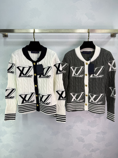 Louis Vuitton Logo-Embroidered Wool Knit Cardigan with Striped Cuffs