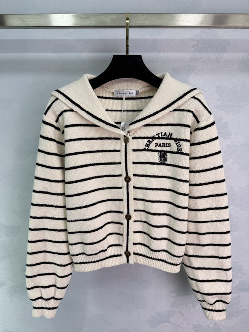 Dior V-Neck Striped Knit Shawl Cardigan with Bee-Logo Buttons