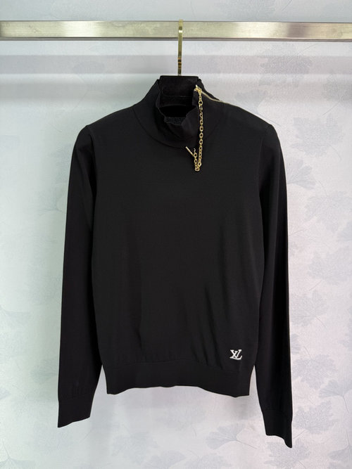 Louis Vuitton High-Neck Knit Sweater with Subtle Golden Chain Accent