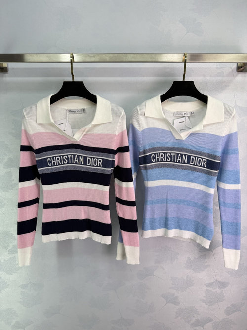 Dior Unique Collar Knit Top with Brand Letter Embroidery and Striped Pattern