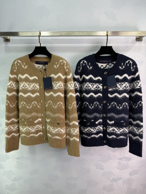 Louis Vuitton Fair Isle Knitted Crew Neck Cardigan with Ribbed Trim and Color Block