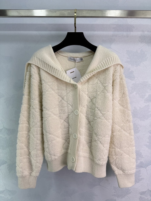 Dior Versatile Cardigan with Navy Collar and Back Star Embroidery
